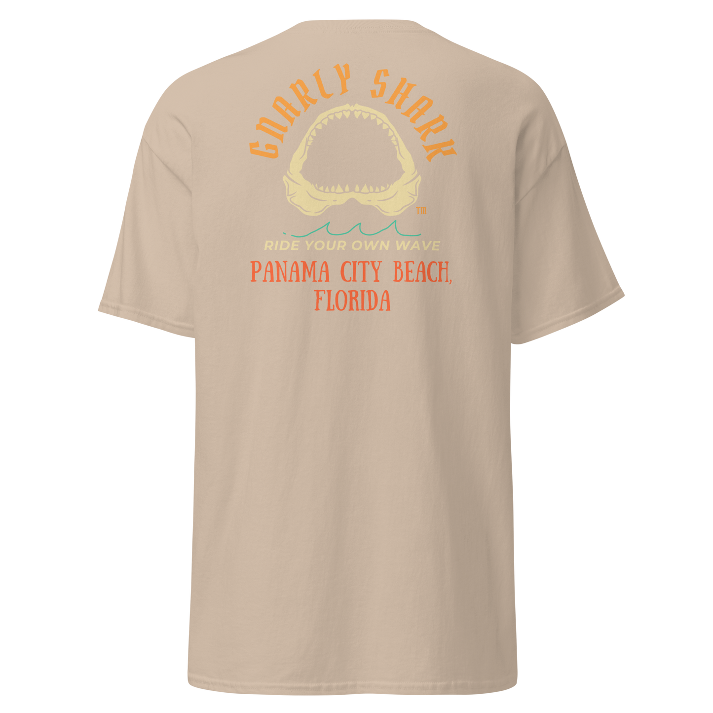 Gnarly Shark Panama City Beach Florida T-Shirt - Front / Back - Gildan classic 5000