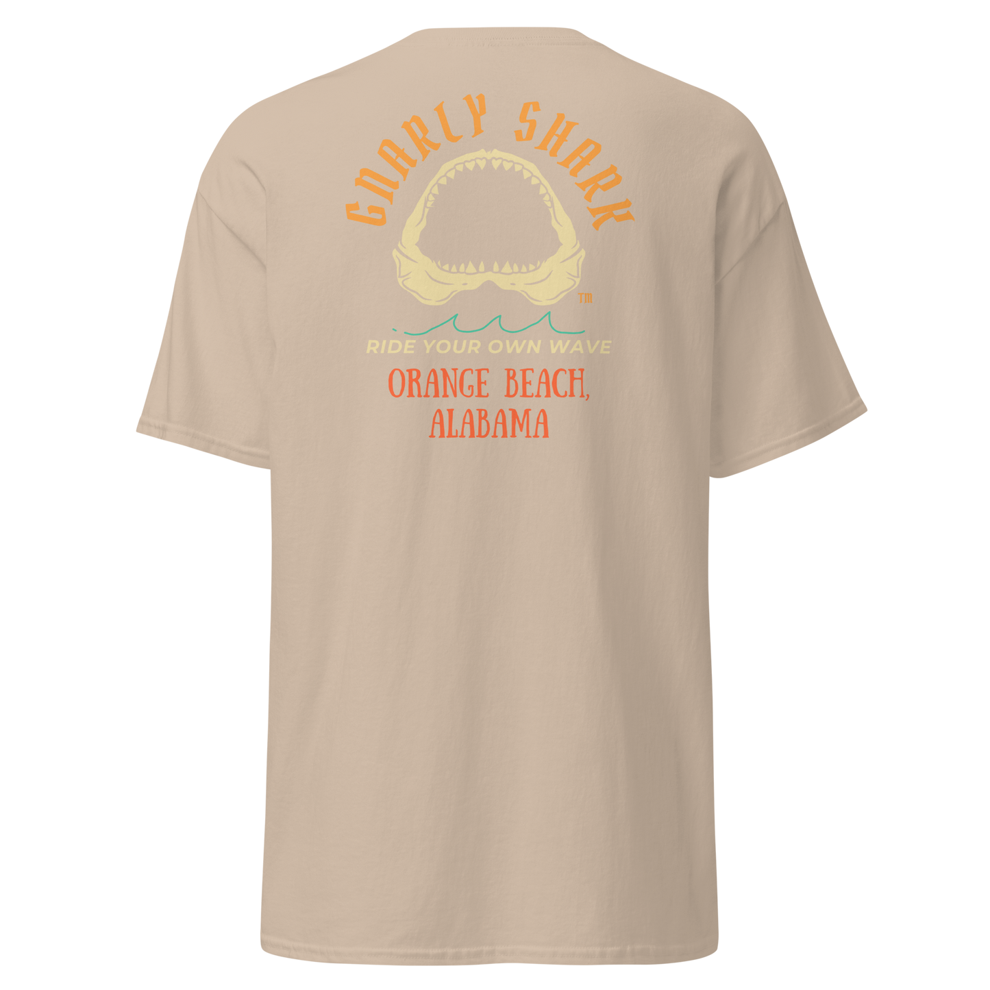 Gnarly Shark Orange Beach Alabama T-Shirt - Front / Back - Gildan classic 5000