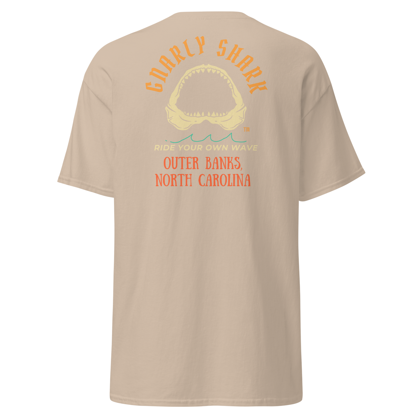 Gnarly Shark Outer Banks North Carolina T-Shirt - Front / Back - Gildan classic 5000