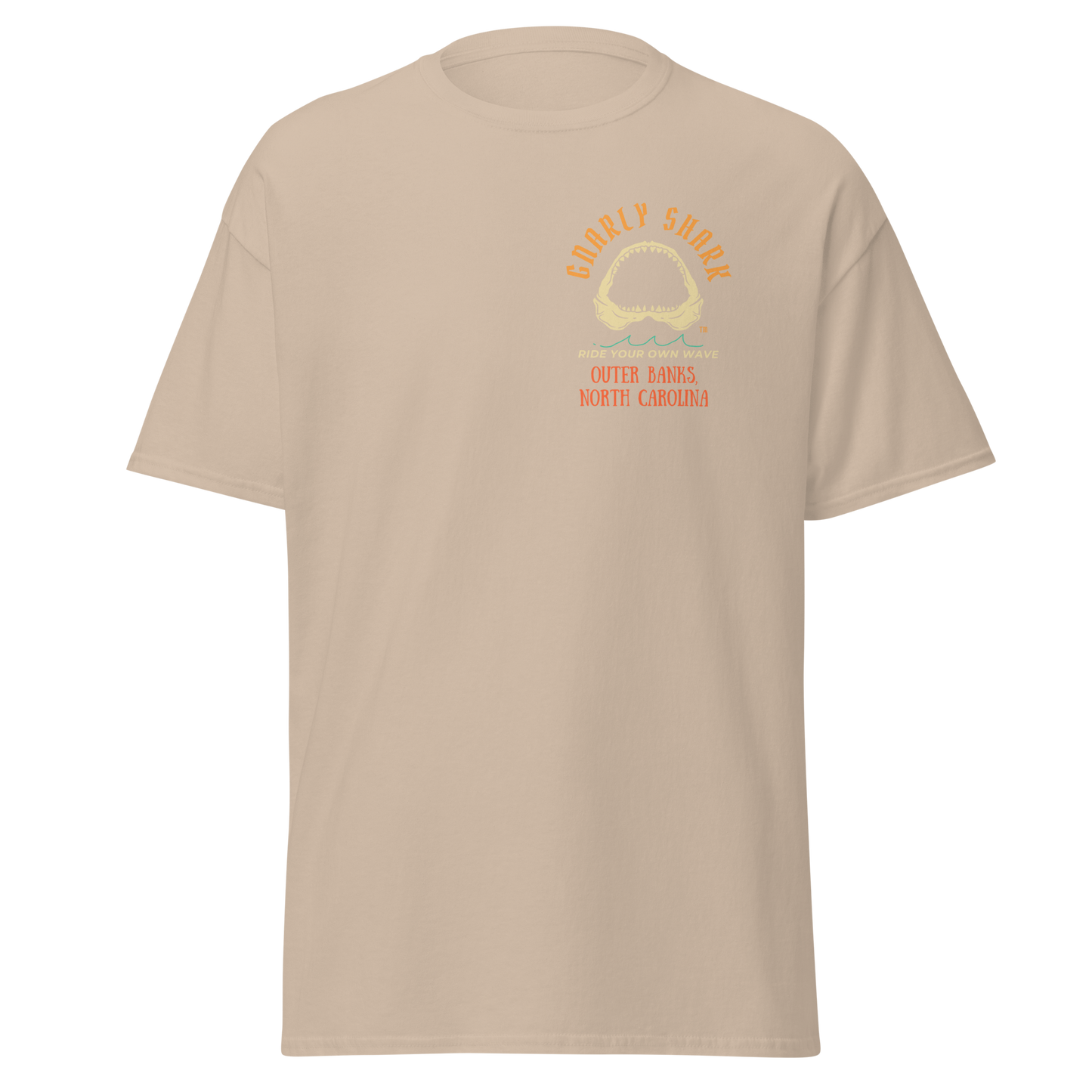 Gnarly Shark Outer Banks North Carolina T-Shirt - Front / Back - Gildan classic 5000