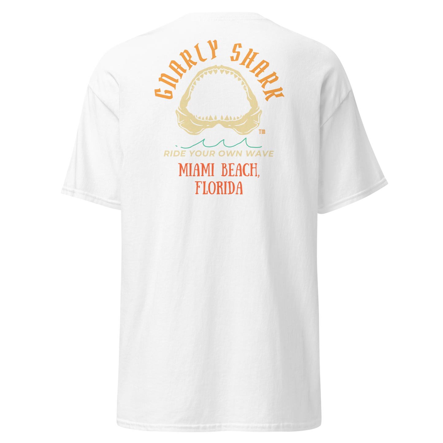 Gnarly Shark Miami Beach Florida T-Shirt - Front / Back - Gildan classic 5000