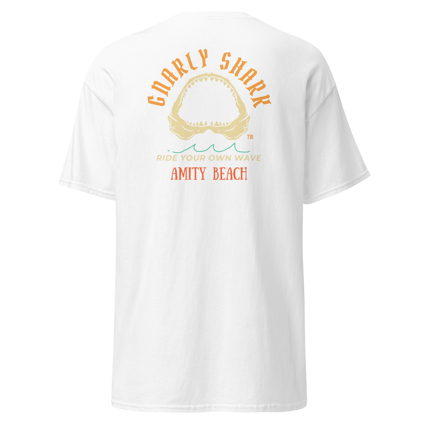 Gnarly Shark Amity Beach T- shirt - Front / Back - Gildan classic 5000