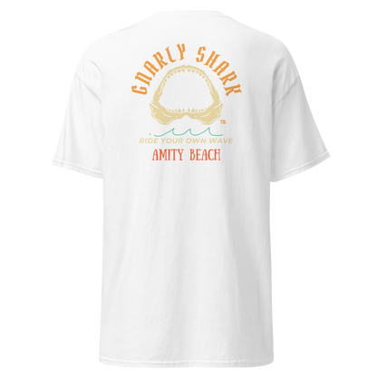 Gnarly Shark Amity Beach T- shirt - Front / Back - Gildan classic 5000