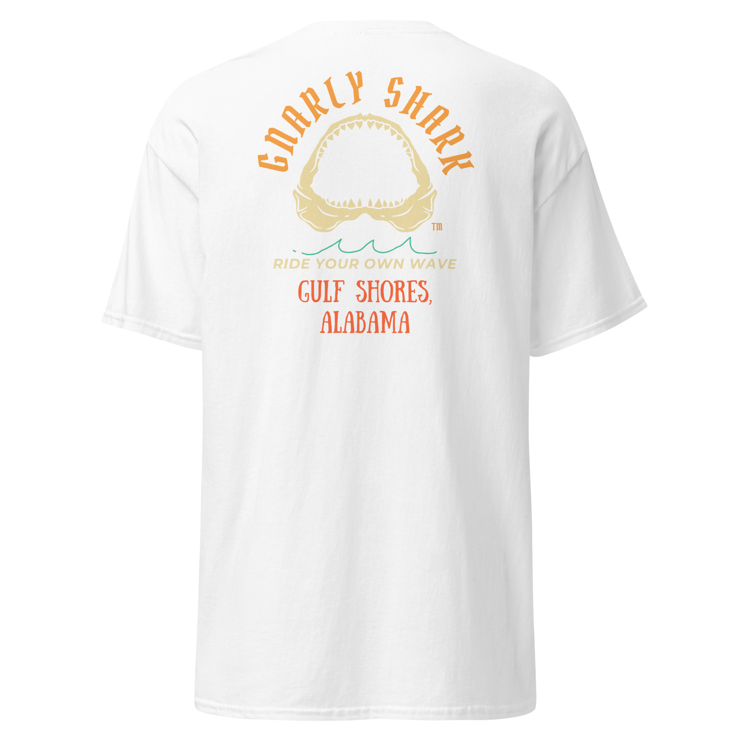 Gnarly Shark Gulf Shores Alabama T- shirt - Front / Back - Gildan classic 5000