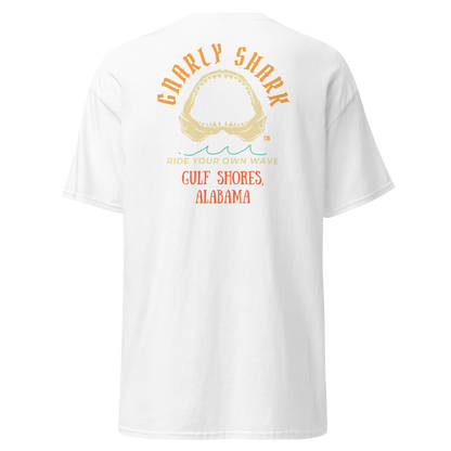 Gnarly Shark Gulf Shores Alabama T- shirt - Front / Back - Gildan classic 5000