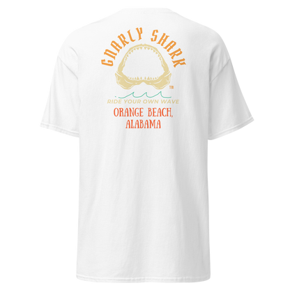 Gnarly Shark Orange Beach Alabama T-Shirt - Front / Back - Gildan classic 5000