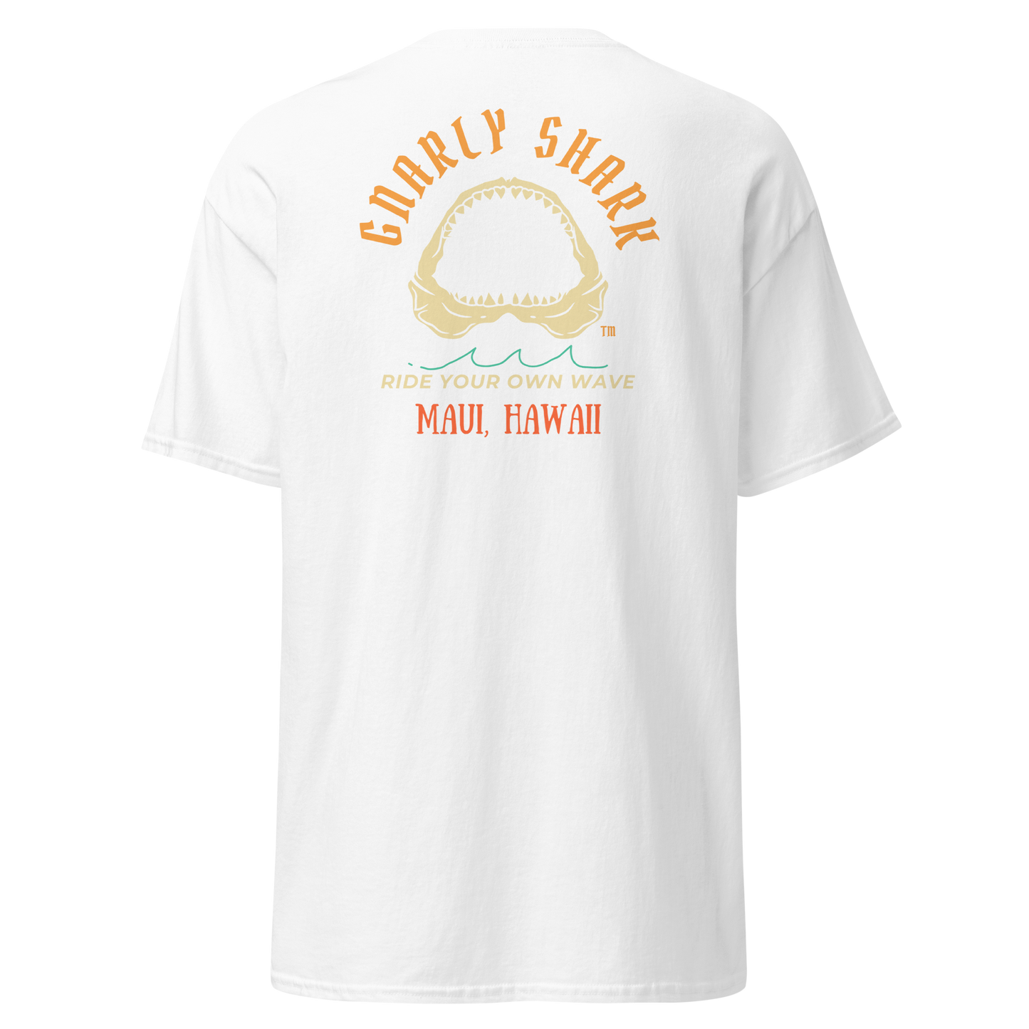 Gnarly Shark Maui Hawaii T-Shirt - Front / Back - Gildan classic 5000