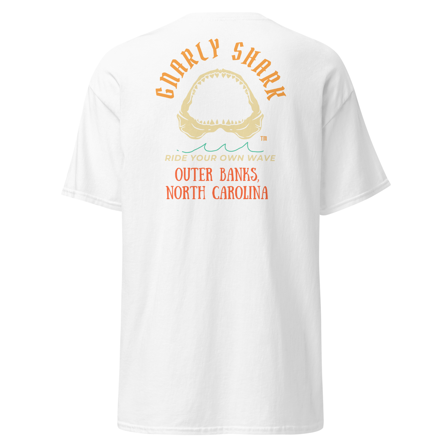 Gnarly Shark Outer Banks North Carolina T-Shirt - Front / Back - Gildan classic 5000