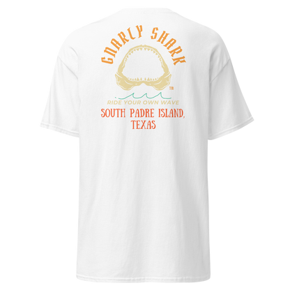 Gnarly Shark South Padre Island Texas T-Shirt - Front / Back - Gildan classic 5000